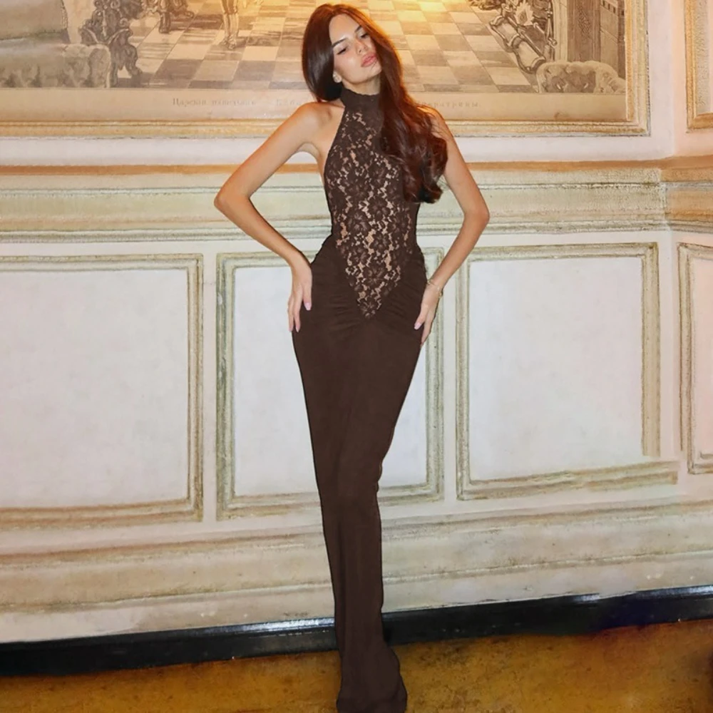 ทูทวินสไตล์ ชุดเซ็กซี่ผ้าลูกไม้ต่อผ้าเปิดหลัง ดีไซน์ D ​ ​ ชุดเดรสยาวรัดรูปทรงเข้ารูปสำหรับผู้หญิง คอ halter แขนกุด เอวสูง เสื้อผ้าผู้หญิง