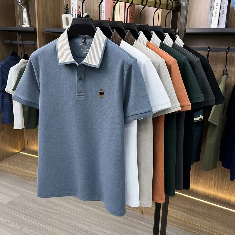 Luxuriöses 100% Baumwoll-Kurzarm-Poloshirt für Herren, neuer Trend, Marken-Cartoon-Bären-Stickerei, atmungsaktives, bequemes, lässiges Sommer-T-Shirt – Detail 2