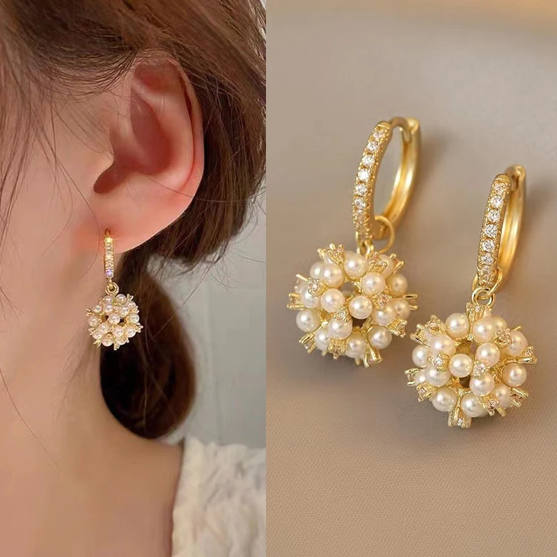 Elegant Celebrity Wind Rice Beads Fireworks Ball Pendant Drop Earrings Korean Fashion Jewelry For Womens Party Gift Accessories