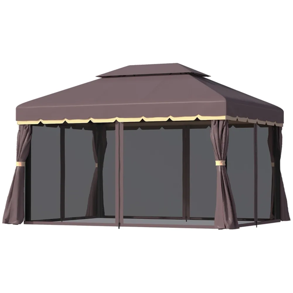 10x13Ft Patio Tent Gazebo Canopy Outdoor Yard Sun Shelter Garden Awnings Aluminum Gazebos Tents with Mosquito Net Mesh Brown