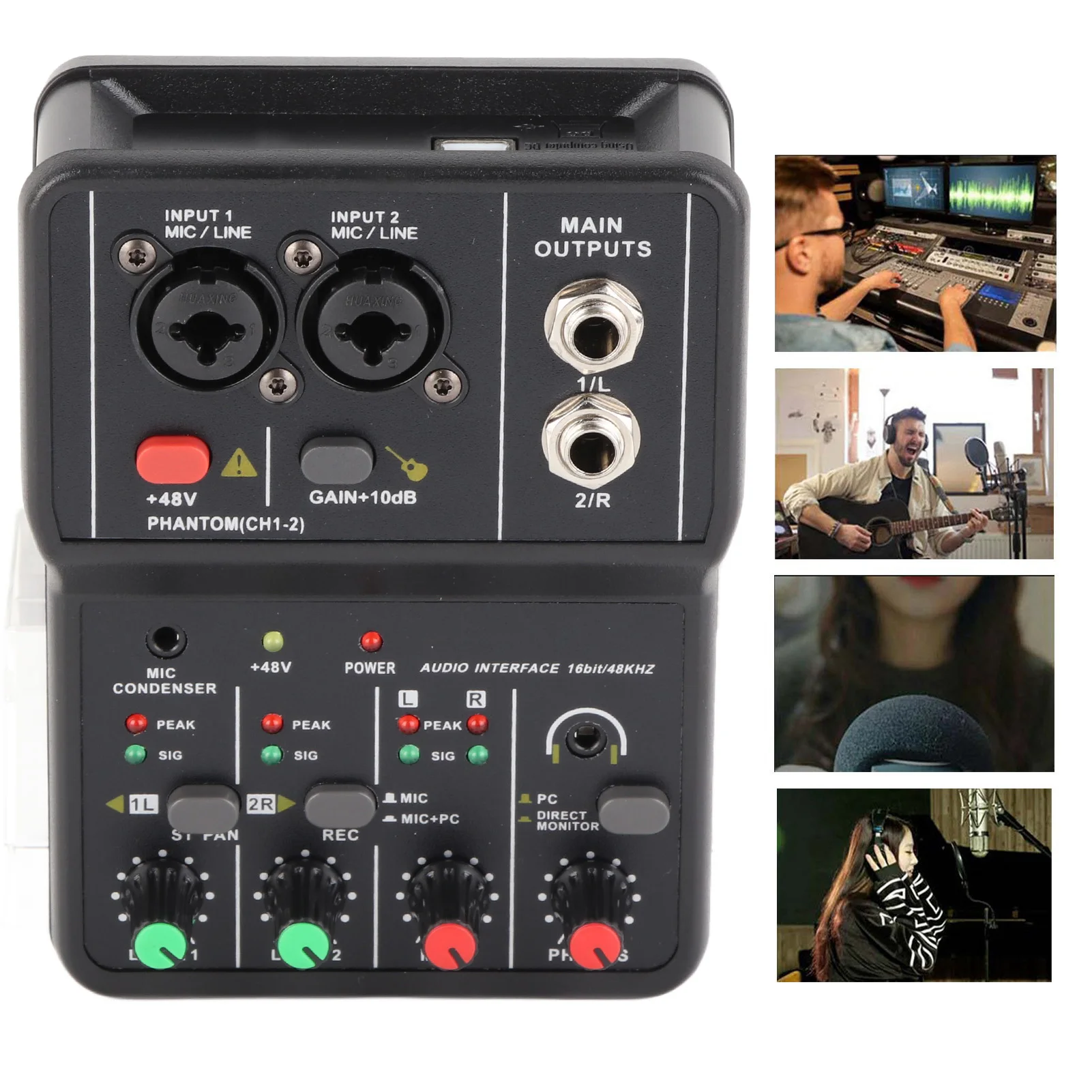 Audio Mixer Sound Board USB Power Supply Compact 48V Phantom Power 2 Channels Audio Mixer 2 Channels for Music Recording