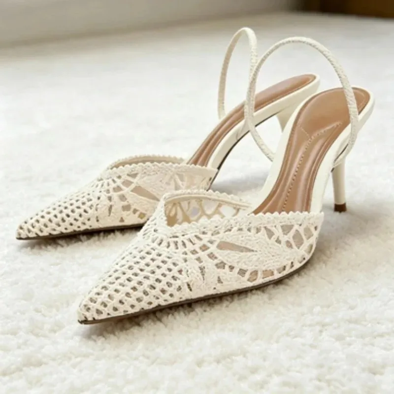 

Elegant Mesh Woven Hollow Slingback Heels Women Fashion Pointed-Toe Stiletto Sandals Luxury Wedding Bridal Shoes Designer Shoes