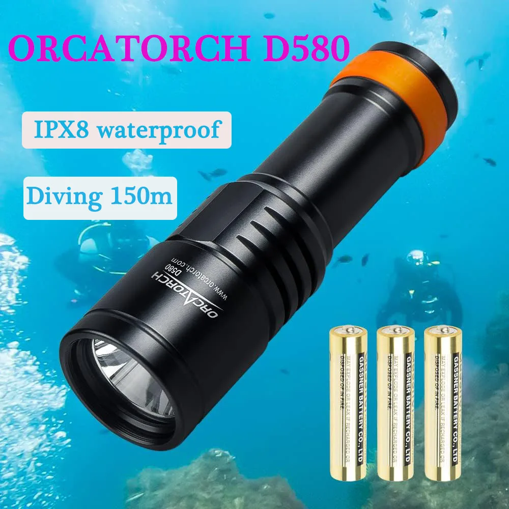 OrcaTorch D580 Scuba Diving Flashlight Underwater Lantern Powered by 18650 Battery Professional Lamp for Diving LED Torch Light