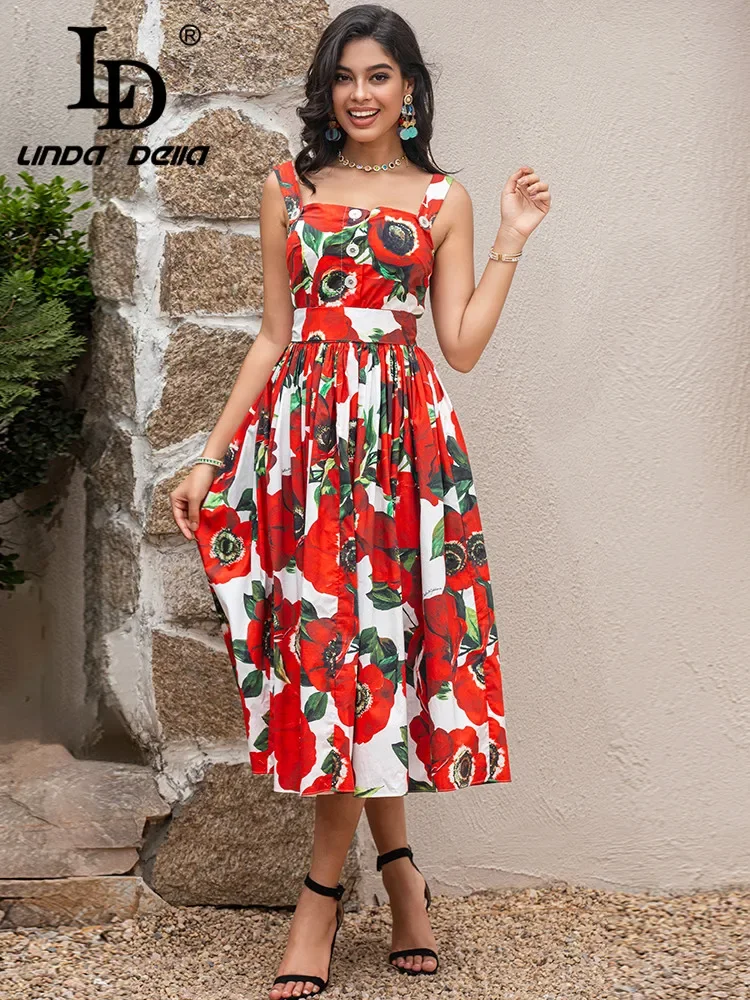 LD LINDA DELLA Summer Runway Vacation Dress Women\'s Fashion Spaghetti Strap Flower Print Elegant Party Midi Dress