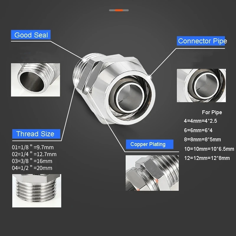 Copper Pneumatic Fittings Air Fitting OD 4 6 8 10 12 mm Thread 1/8 3/8 1/2\