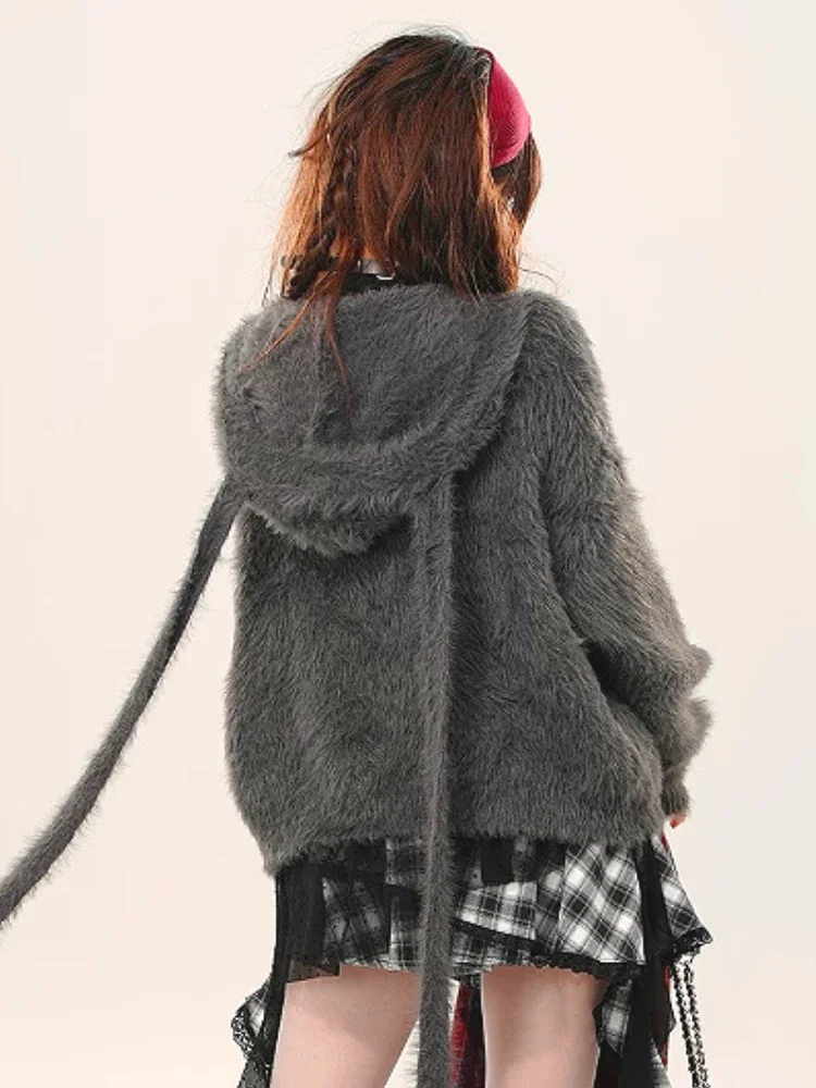 Y2k Aesthetic Cute Rabbit's Ears Hooded Cardigan Women Fluffy Sweater Coat Kawaii Streetwear Harajuku Fairy Bandage Grunge Coats