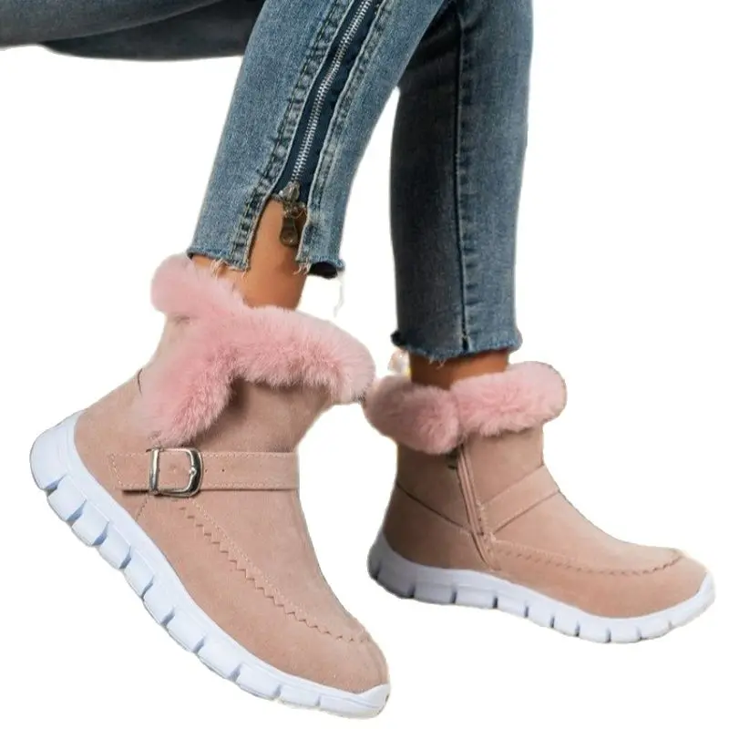 2023 Inverno Mulheres Pele Quente Botas de Neve Sapatos Casuais Novos Curtos Camurça De Pelúcia Ankle Boots Flats Gladiador Esporte Senhoras Botas