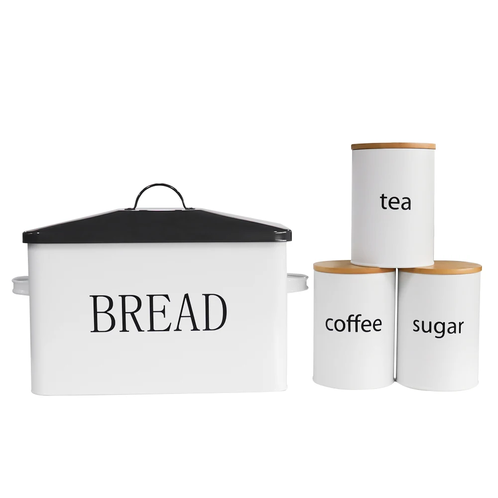 

Large Bread Box Metal Kitchen Food Container Handles with 3 Kitchen Canister Snack Storage Box for Home Outdoor Rectangle White
