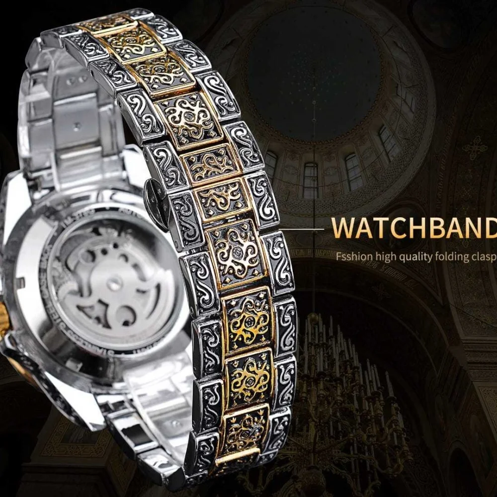 High-End Retro Men's Fully Automatic Mechanical Skeleton Watch, Engraved Craftsmanship, Light Luxury Design, Waterproof Luminous Men's Business Casual Wristwatch, Popular Retro Chinese Style Embossed Men's Mechanical Watch