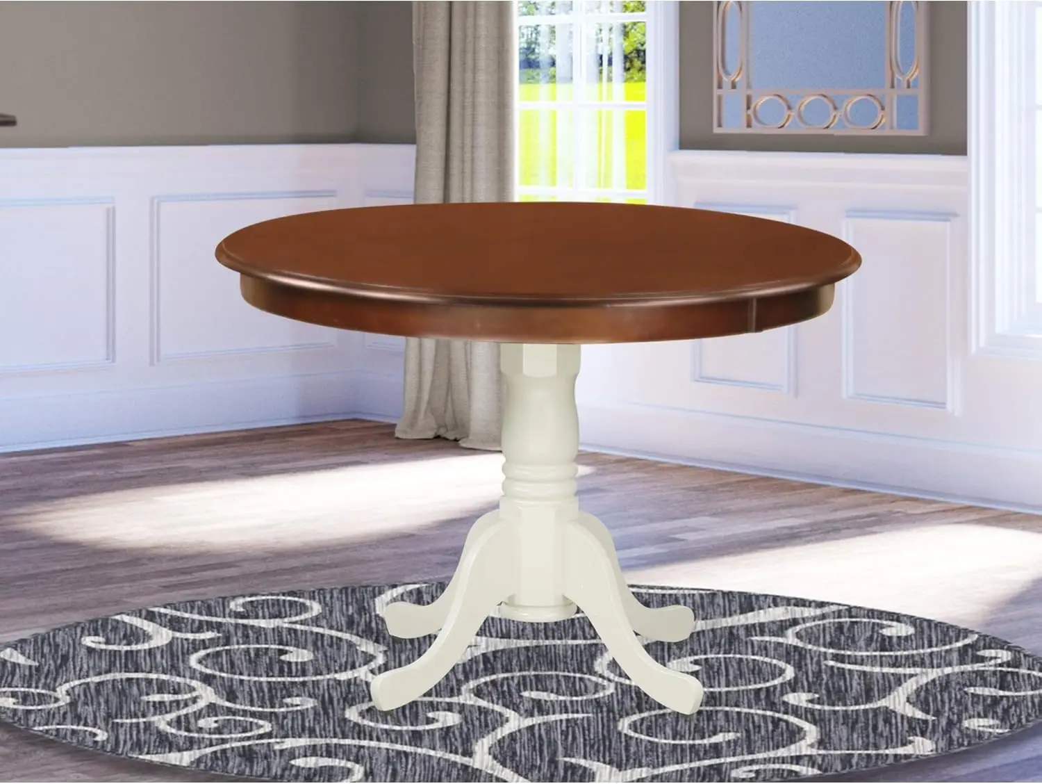 Hartland Dining Room Round Kitchen Table Top with Pedestal Base, 42x42 Inch, Mahogany & Linen White