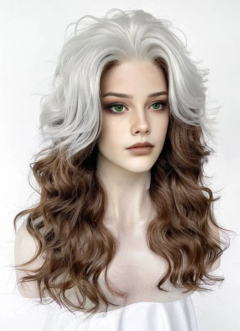 Front Lace Rogue Cosplay Wig Anna Marie Brown Silver White Curly Heat Resistant Synthetic Hair Halloween Anime Wigs + Wig Cap