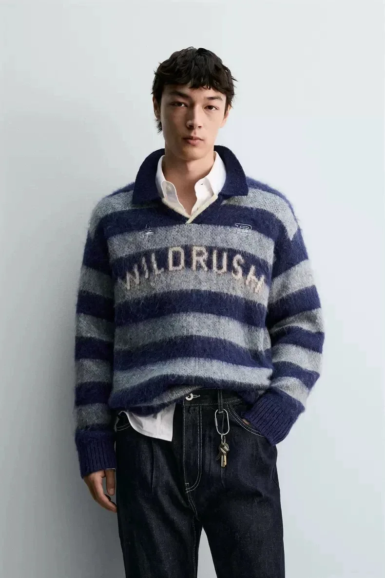 

Мужской вязаный длинный свитер, новинка зимы, свободный крой, в полоску, с эффектом цветного слива, теплый, повседневный