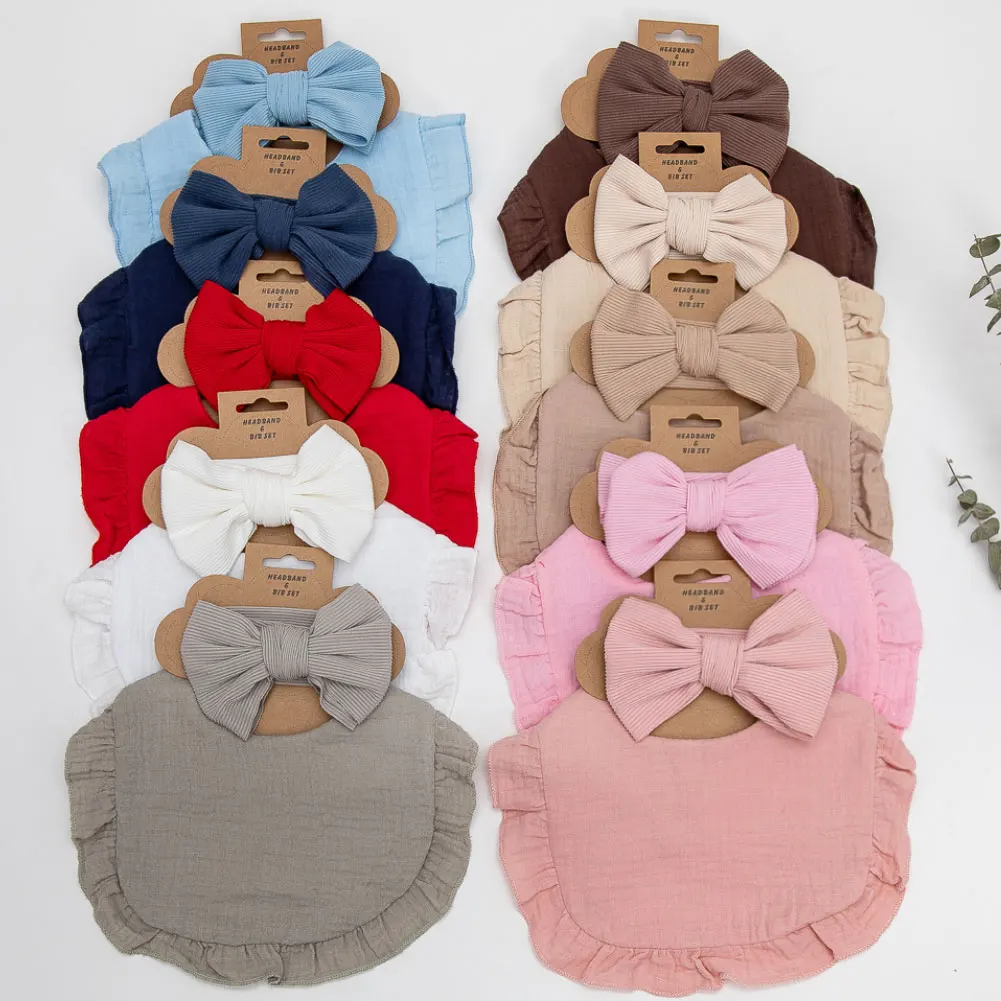 2Pcs/Lot Ribbed Baby Bibs Hair Bows Headbands for Baby Boys Girls Ruffled Flower Saliva Towel Feeding Burp Cloth Scarf Headwear