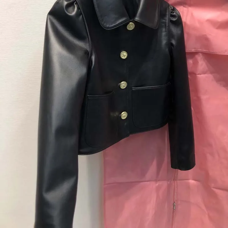 Women Coat Spring And Autumn 2023 New Fashion Short Length Bubble Sleeve Genuine Leather Jacket Single Breasted High Quality