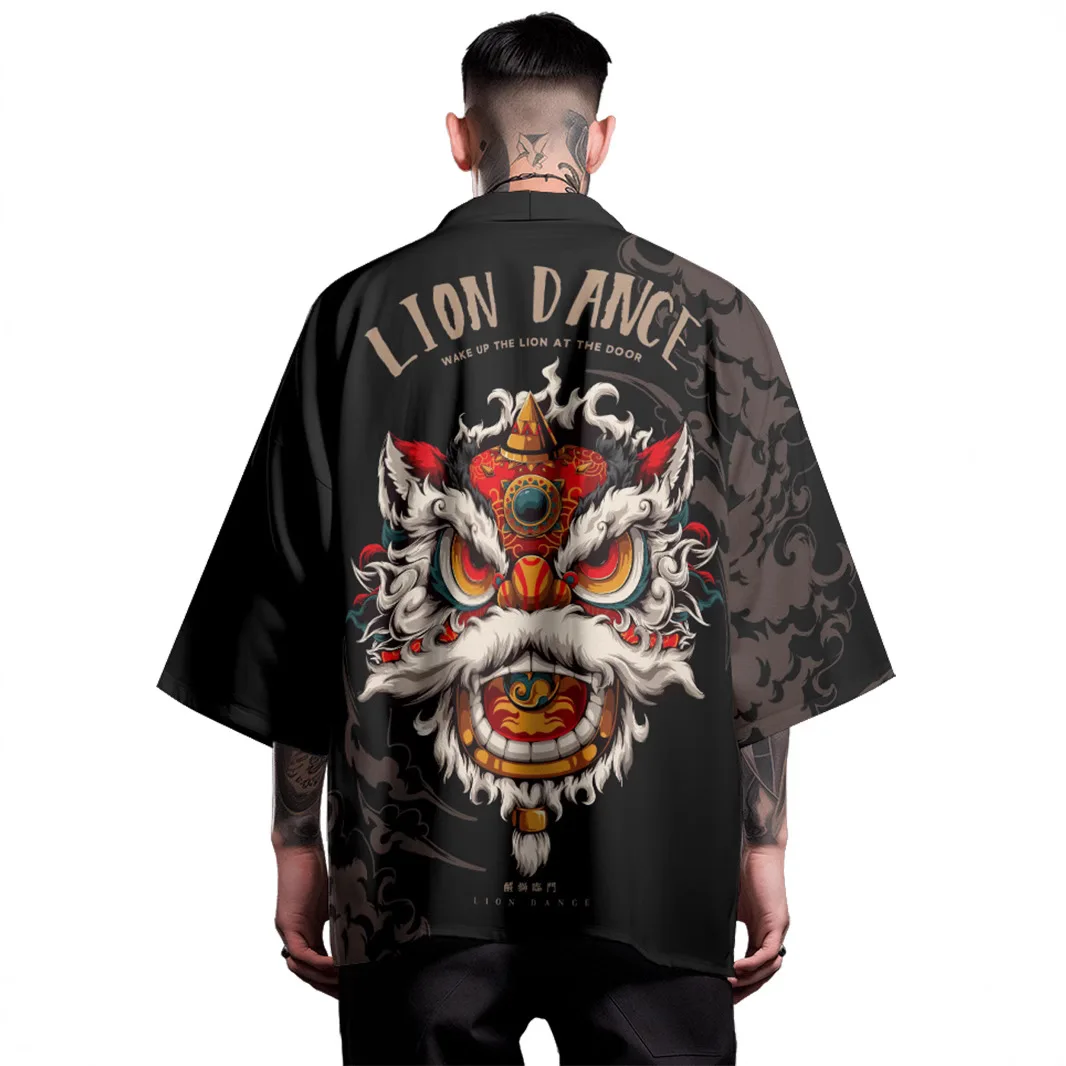 

Plus Size 4XL Anime Lion Dance Beach Japanese Samurai Cosplay Kimono Cardigan Men Shirts Haori Traditional Asian Clothing