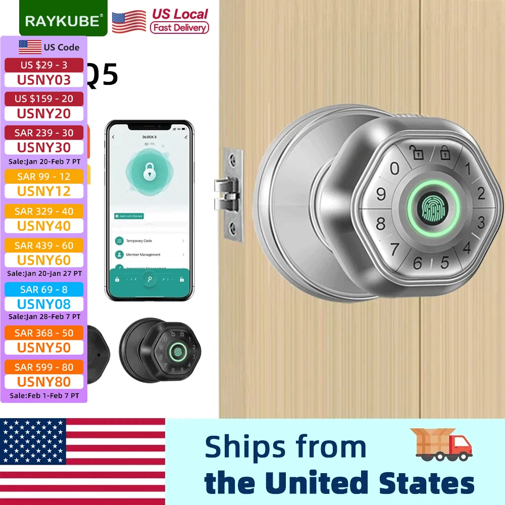 

RAYKUBE Q5 Tuya BLE Smart Fingerprint Door Lock Electronic Lock with Password/Key/Smartlife/Tuya APP Unlock For Bedroom From USA