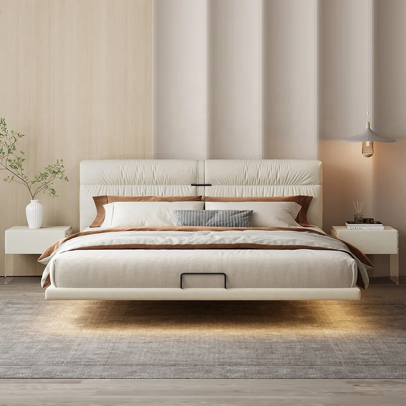 Technical Velvet Wooden Frame Bedroom Furniture Comforter Wholesale Modern Luxury Soft Headboard king Size Suspended Bed