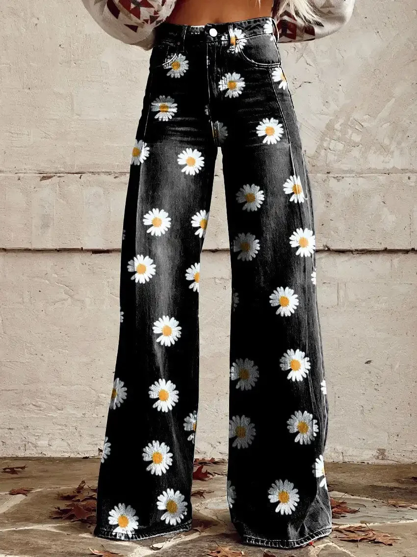 Women's Retro Black Pants Small Flower Anti-Denim Wide Leg Pants Casual Fashion Comfortable Long Women's Pants Striped Landscape