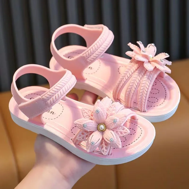 Trendy Cute Solid Color Flower Decor Open Toe Sandals For Girls, Breathable Lightweight Sandals For Indoor Outdoor Beach