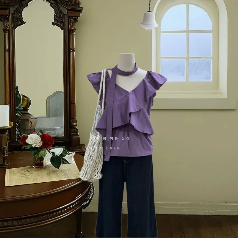 

Женская одежда, летняя рубашка во французском стиле с летящими рукавами и лентой в виде листьев лотоса, универсальный топ