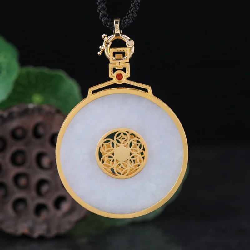 925 Silver Gold-Plated Inlaid Rotatable Ice Jade Peace Buckle National Trend Ancient Costume Hanfu Pendant Jade Pendant with Cer
