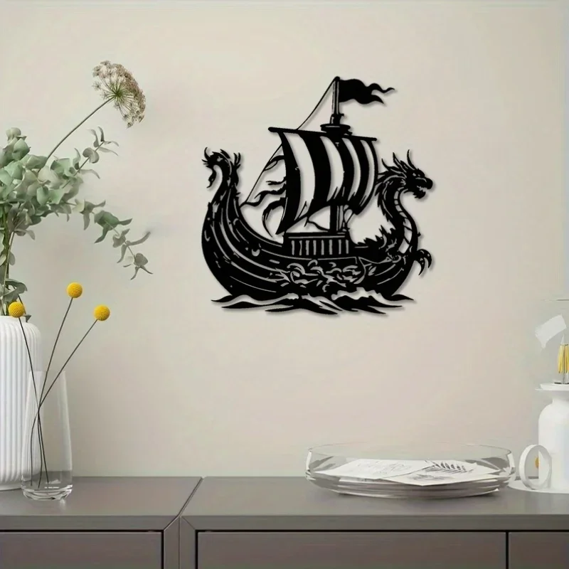 CIFBUY Viking Ship Dragon Iron Wall Art Metal Black White Nautical Sculpture Decor for Living Room Bedroom Home Hanging Ornament