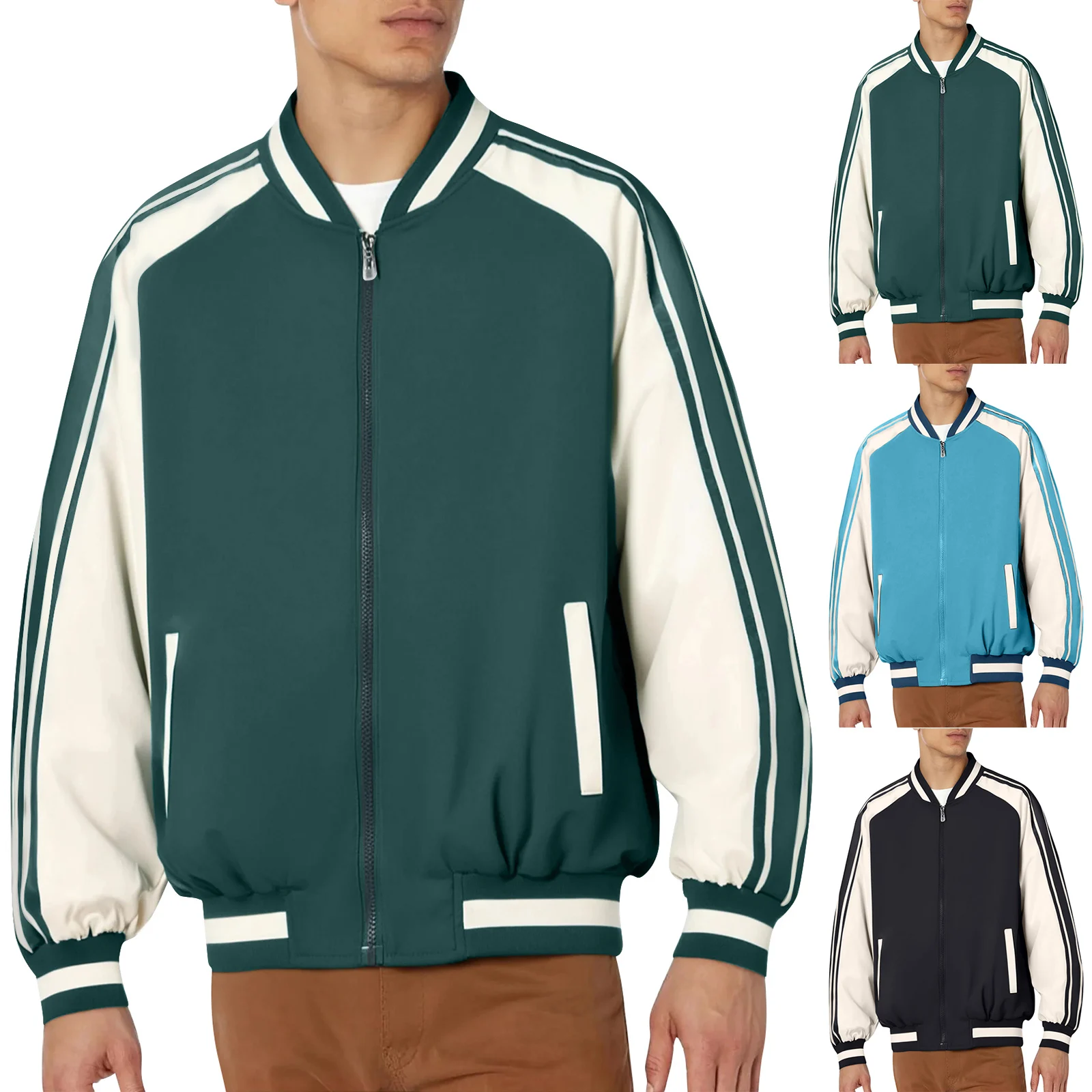 

New Men Fashion Simple Style Jacket Stripe Baseball Collar With Zipper Outwear Youth Casual Unique Trendy Sport Autumn Wear