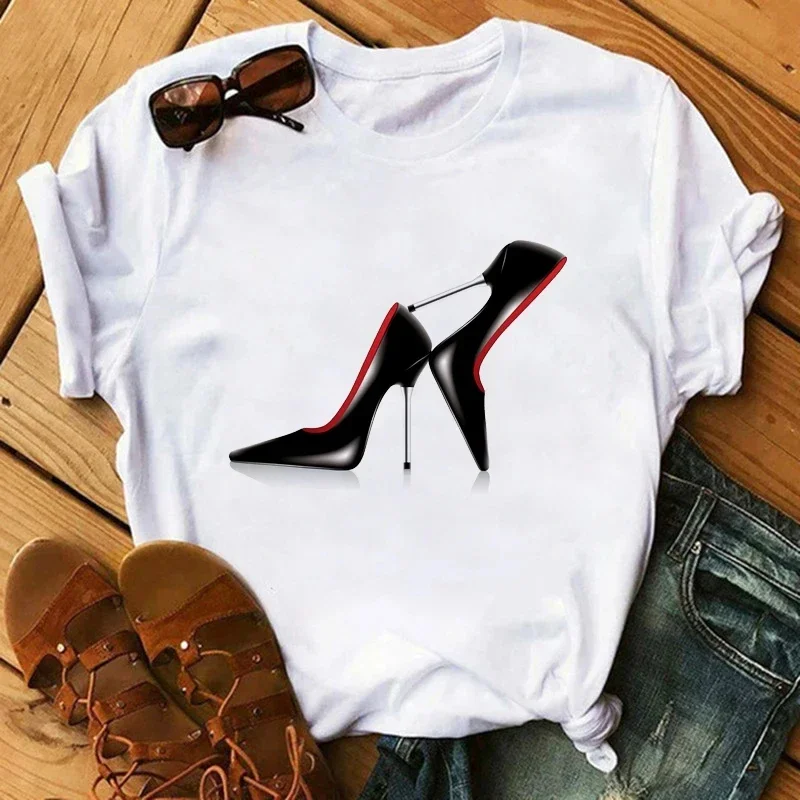 Women Tshirt New Fashion Maycaur Summer High Heels Printed Short Sleeve Tops Casual T-Shirts Clothes Female Shirts