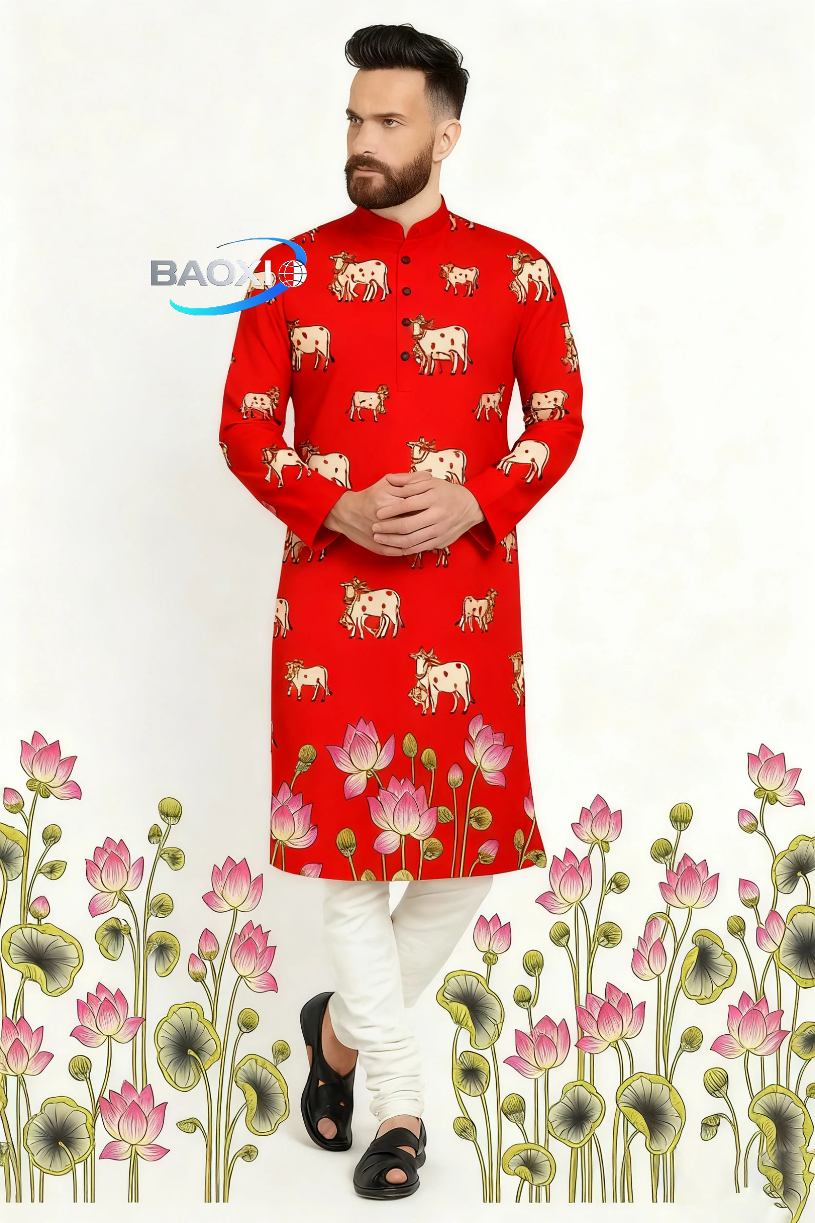 Kurt men digital printed kurta vardha regular fit Mandarin collar long suitable All Occasions such wedding Hari Raya Aidilfitri