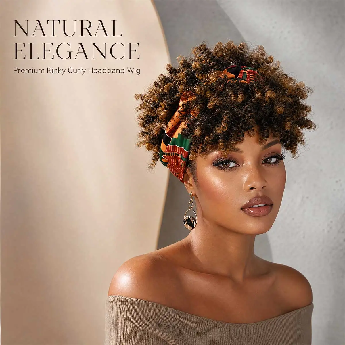 Short Voluminous Ombre Brown Afro Puff Headband Wig with Ankara Print Turban Knot, Synthetic Curly Puff Wig for African Women
