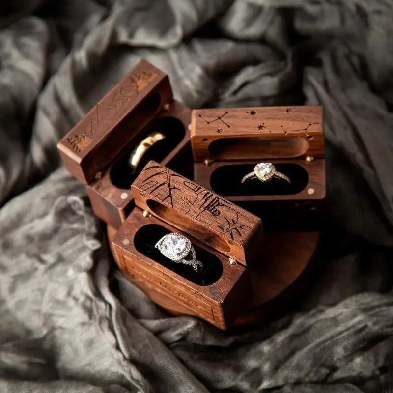 

Деревянная коробка для хранения обручальных колец с бархатным интерьером, элегантный контейнер для хранения аксессуаров для 964A