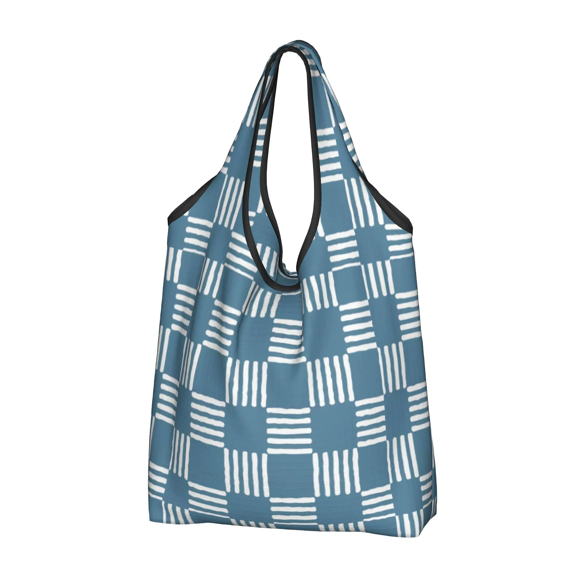 Funny Printing Plaid Checkerboard Teal And White Checks Tote Shopping Bag Portable Shopper Shoulder  Handbag