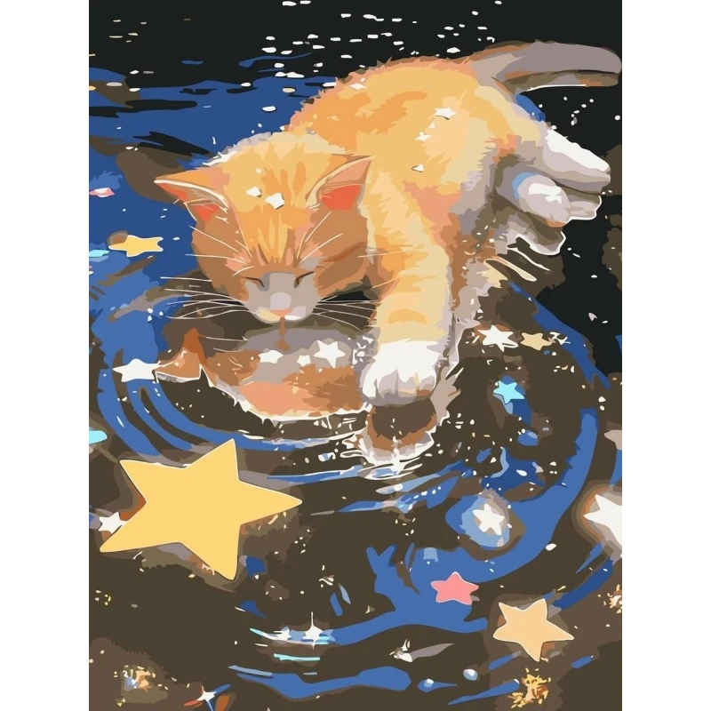 5D DIY Diamond Painting, Ginger Kitty Touching Starry Water Reflection Scene, Relaxing DIY Craft, Holiday & Birthday Gift