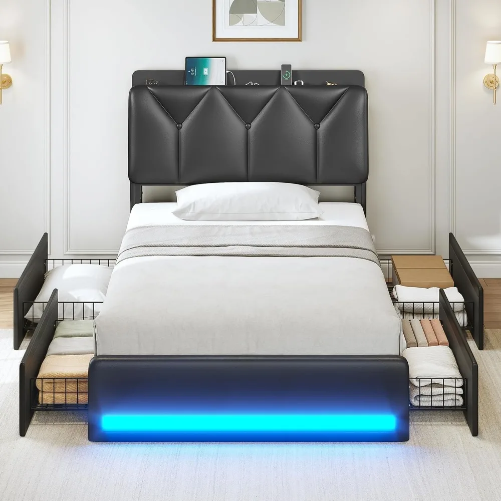 إطارات سرير مع لوح رأسي للتخزين المخفي المائل وأدراج مع قاعدة شحن، وإطار سرير منجد باللون الأسود