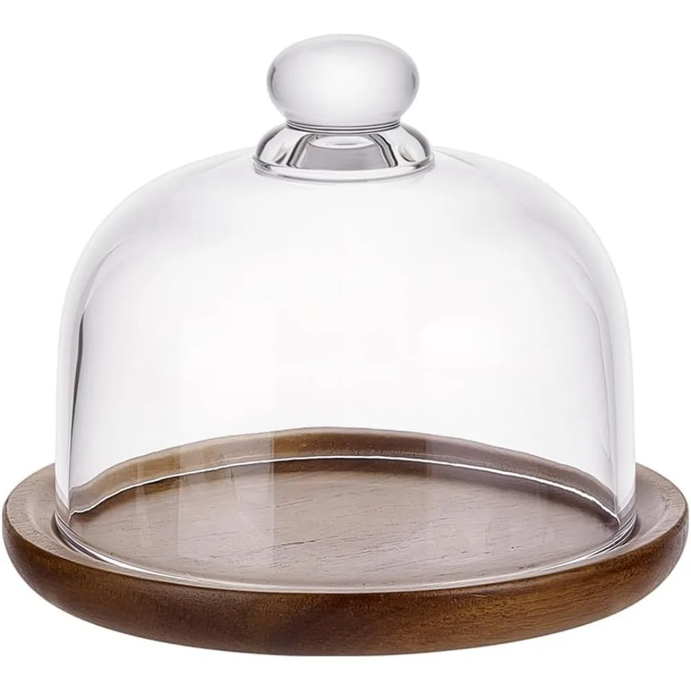 

Mini Acacia Wooden Stand with Glass Dome Small Cloche Clear Bell Jar Cover Glass Dome with Base for Kitchen Baking