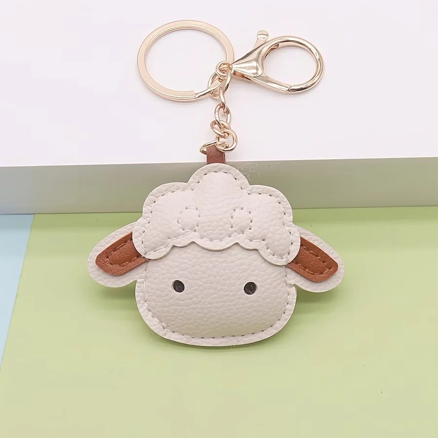 Cute Sheep PU Leather Keychain, Cartoon Lamb Head Bag Charm, Lovely Animal Key Ring, Fashion Backpack Pendant, Key Holder Gift