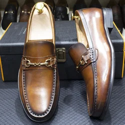 Men's Classic Italian Style Metal Chain Loafers Genuine Leather Slip-On Dress Shoes for Casual Business Wedding Formal Occasions