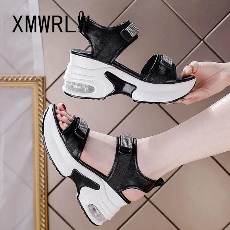 XMWRLW Genuine Leather Women Summer Sandals Casual Hook Loop Women High Heels Sandals Summer Shoes Rubber Sole Ladies Sandal