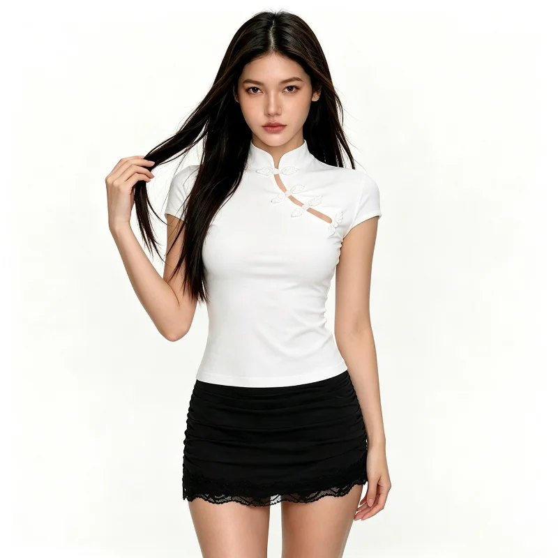 Pure Desire Style White Chinese New Middle-Sleeve Button-Up Slim Fit Stand Collar T-Shirt Daily Wear Polyester Fabric Regular...