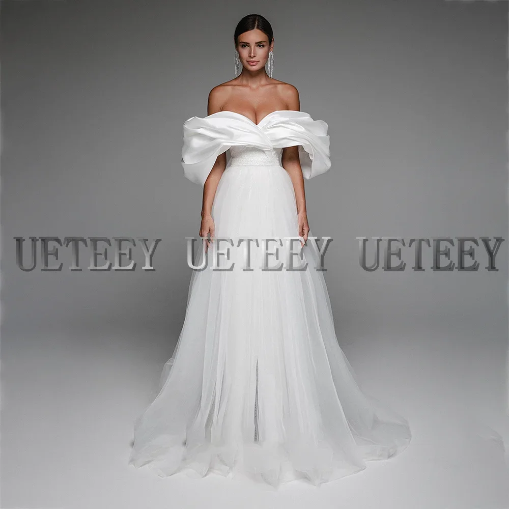 Vestido de novia personalizado con hombros descubiertos, vestidos de fiesta de boda de manga corta de satén, vestido de fiesta largo elegante para mujer con cordones en la espalda