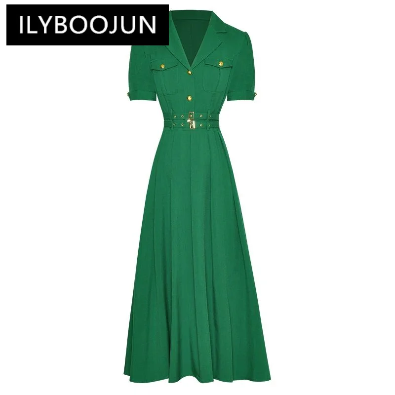 

ILYBOOJUN Fashion Designer Spring Summer Women Dress Turn-down Collar Short Sleeve Belt Pockets High Street Midi Dresses