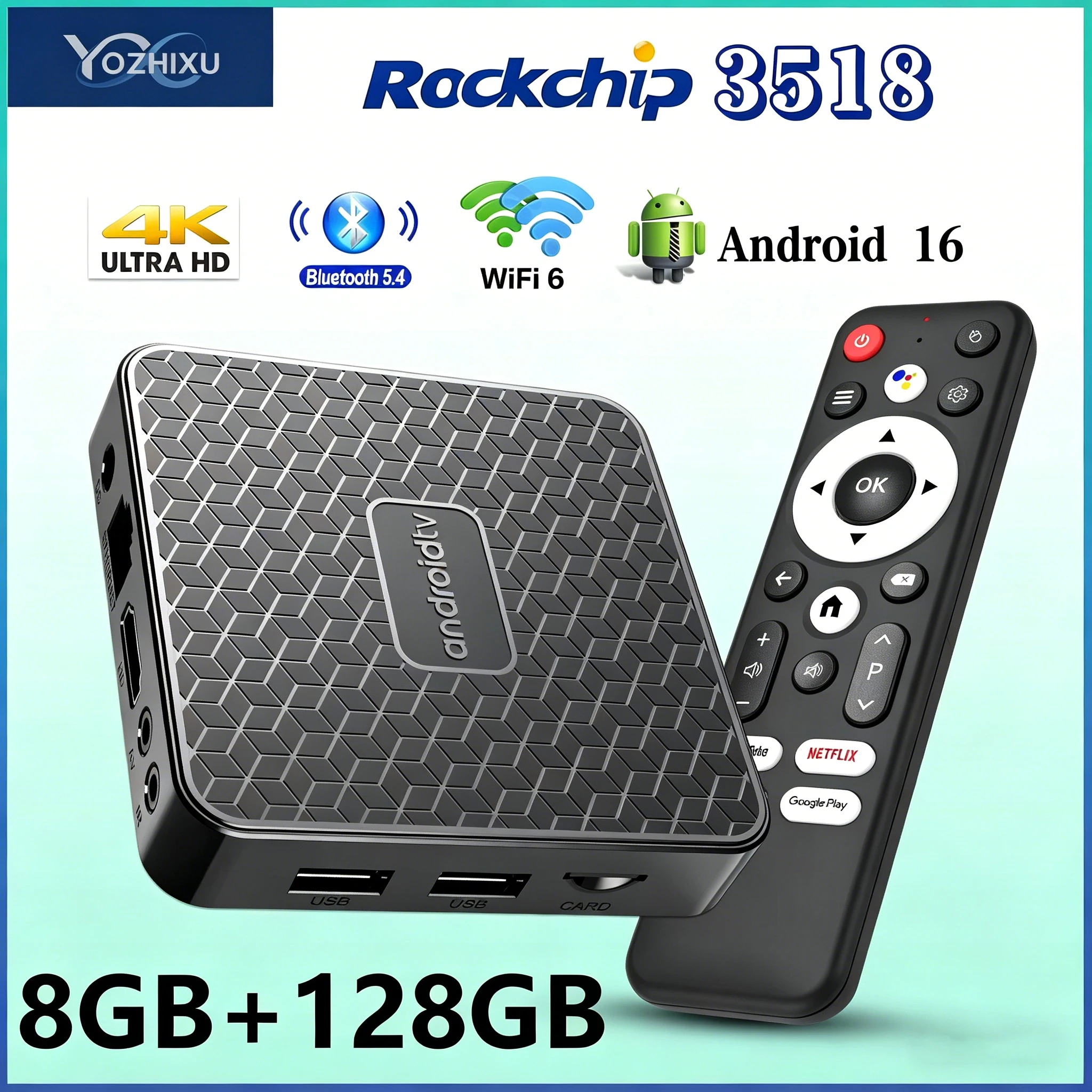 

Смарт ТВ-приставка YOZHIXU T8S на Android 16 с процессором RK3518, WiFi 6, 8 ГБ ОЗУ, 128 ГБ ПЗУ, поддержкой 4K/8K HDR10, HD-видео, голосовым помощником и быстрой установкой