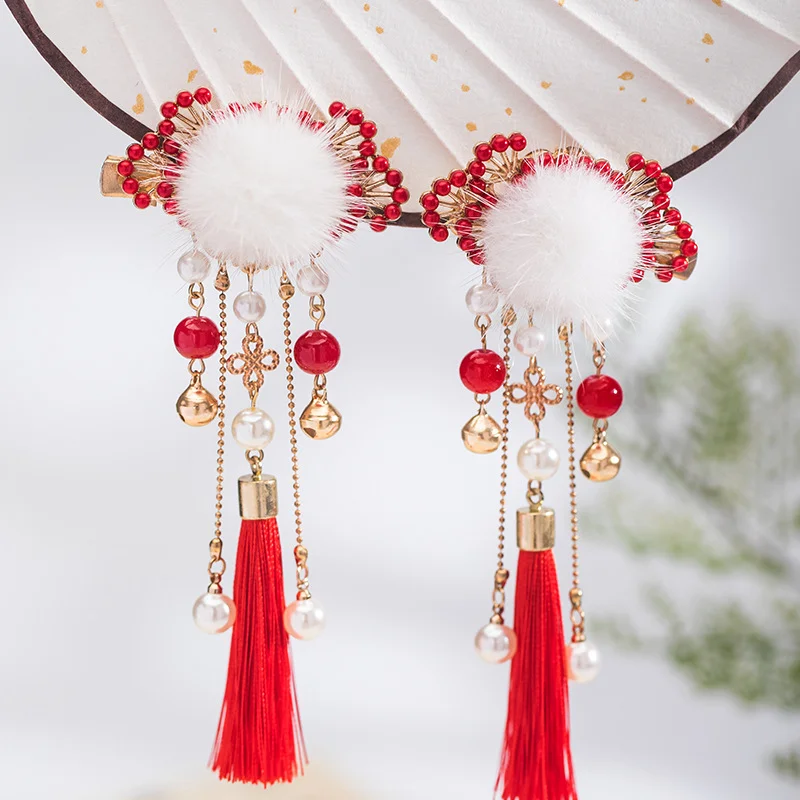 A Pair of Hanfu Headwear, Hairpins, Pom-Pom, Red Tassel Hair Accessories, and Festive New Chinese Style
