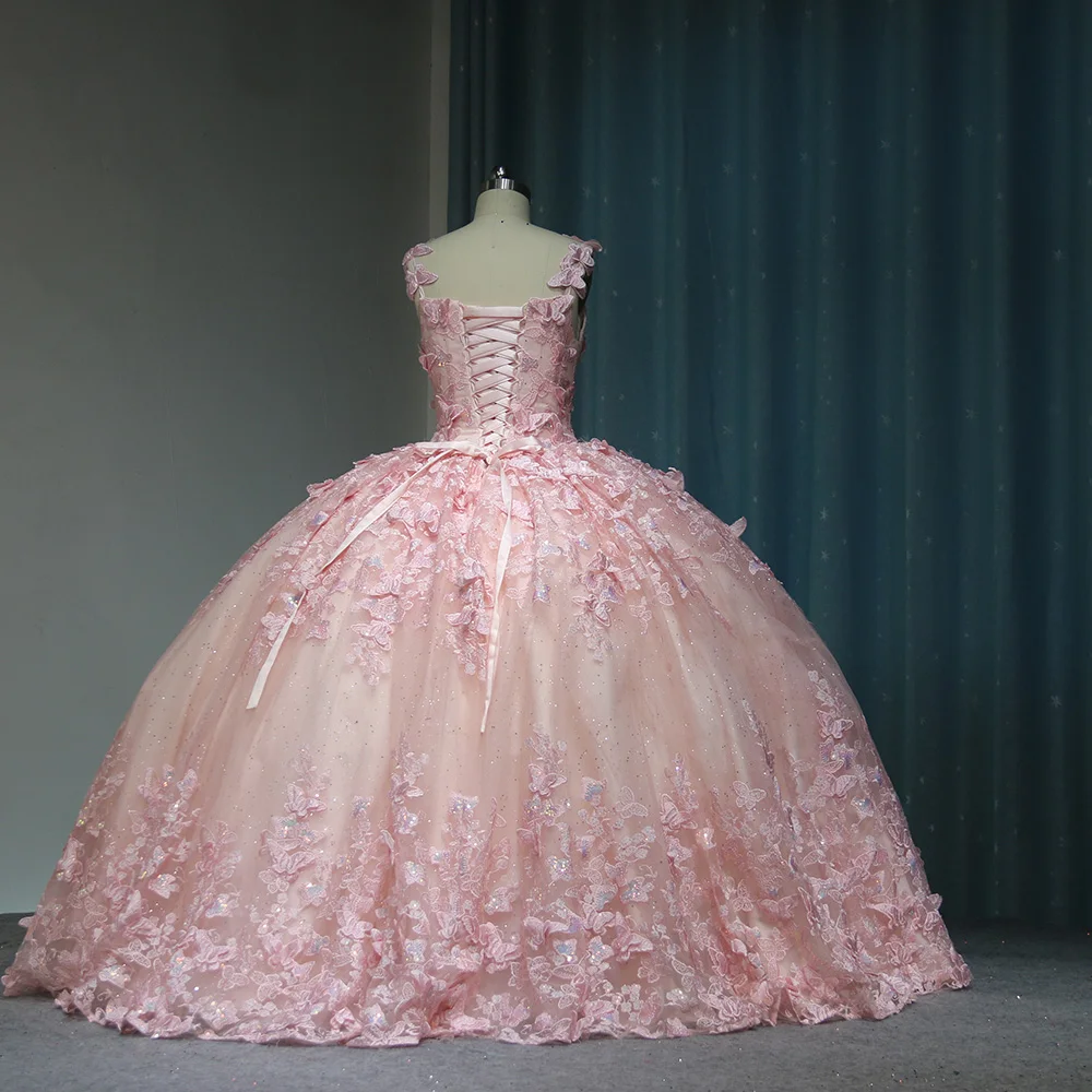 Vestido de quinceañera con lentejuelas, vestido de fiesta de cumpleaños con purpurina, apliques personalizados, tirantes finos, WC012