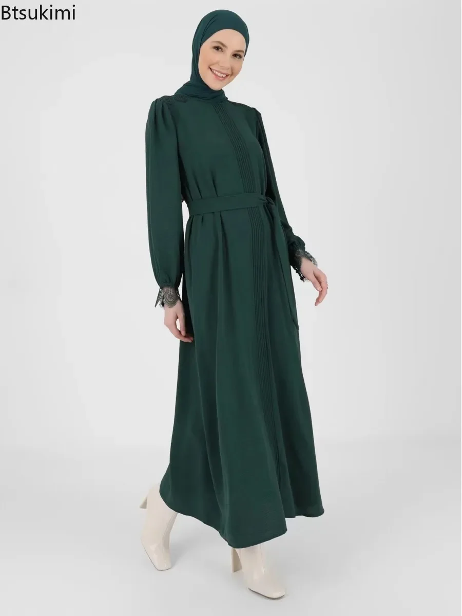 New 2024 Women's Muslim Dress Vintage Green Lace Abayas for Women Muslim Long Sleeve Modest Dress Belted  Abaya Islamic Clothing