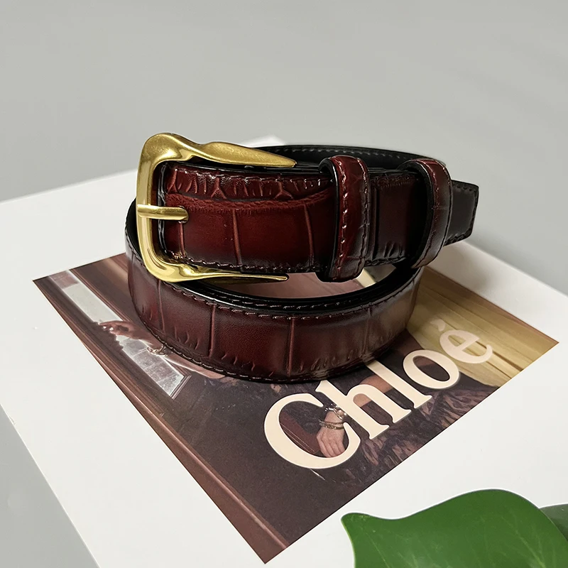 Cowhide Gold-Plated Buckle Belt Original Retro Classic Embossed Ladies Crocodile Belt Versatile Genuine Leather Trend 2.8cm Widt