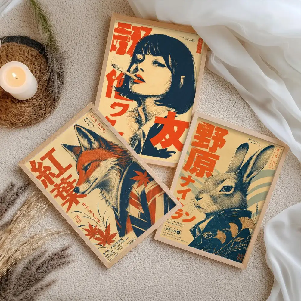 Vintage Japanese Animal Poster Stickers Painting Self-Adhesive Mural HD Wall Decals for Bedroom Living Room Home Decor Gift