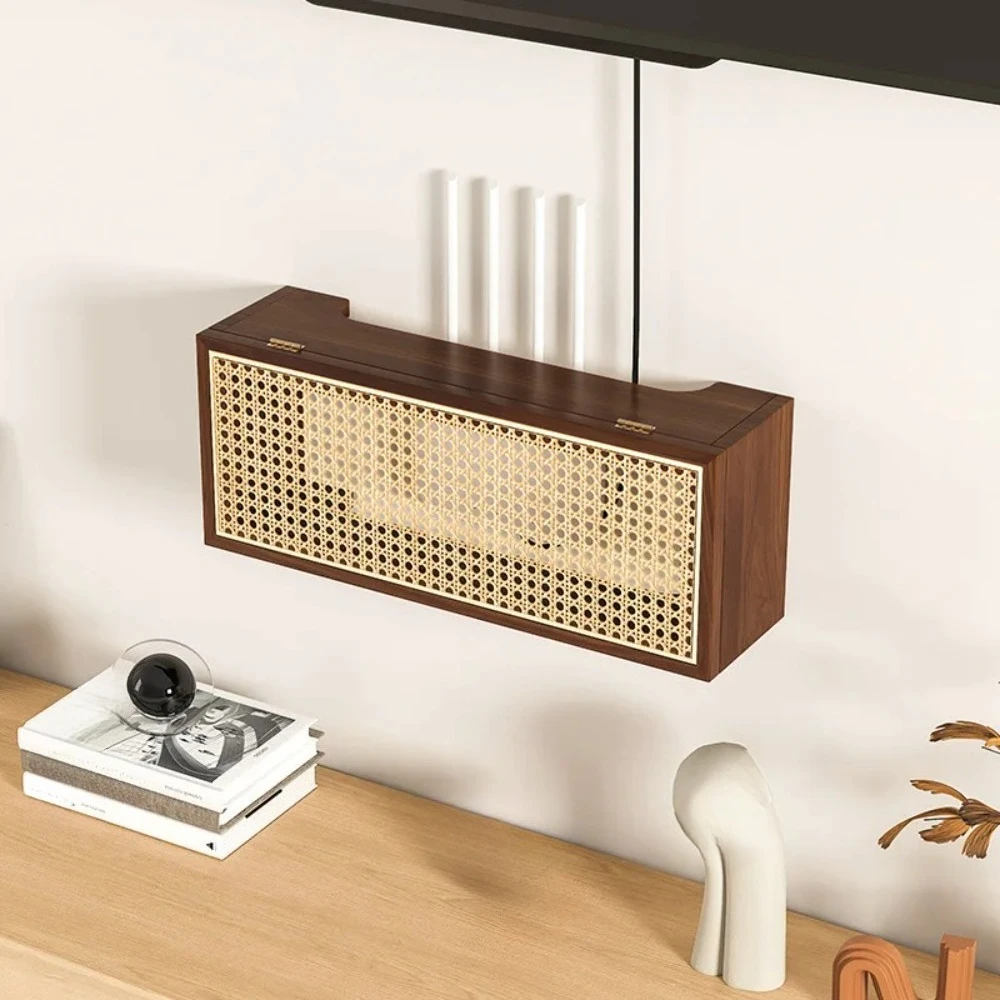 Antique Solid Wood Router Storage Box, Wall Mounted Rattan Design for TV Set Top Box & WiFi Modem, Cable Organizer Shelf Unit