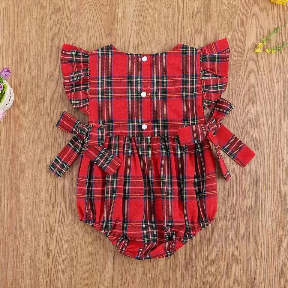 Christmas Infant Kids Girl Clothing Fashion Cotton  Baby Bodysuits Romper Outfits Flutter Sleeve Plaid Dress +Headband