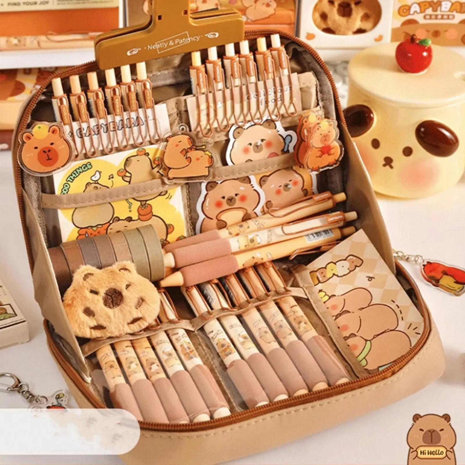 Capybara Stationery Set Portable Stationary Bag Cute Pencil Case with Pens Clips Rulers and More Wide Opening Pencil Organizer